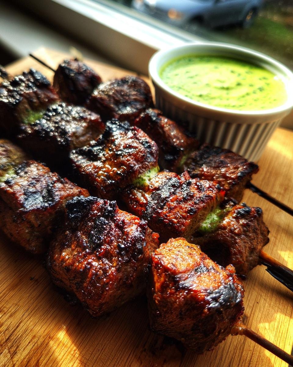 Close-up of perfectly grilled Steak Mushroom Kabobs served next to a small bowl of bright green Mint Yogurt Dip.