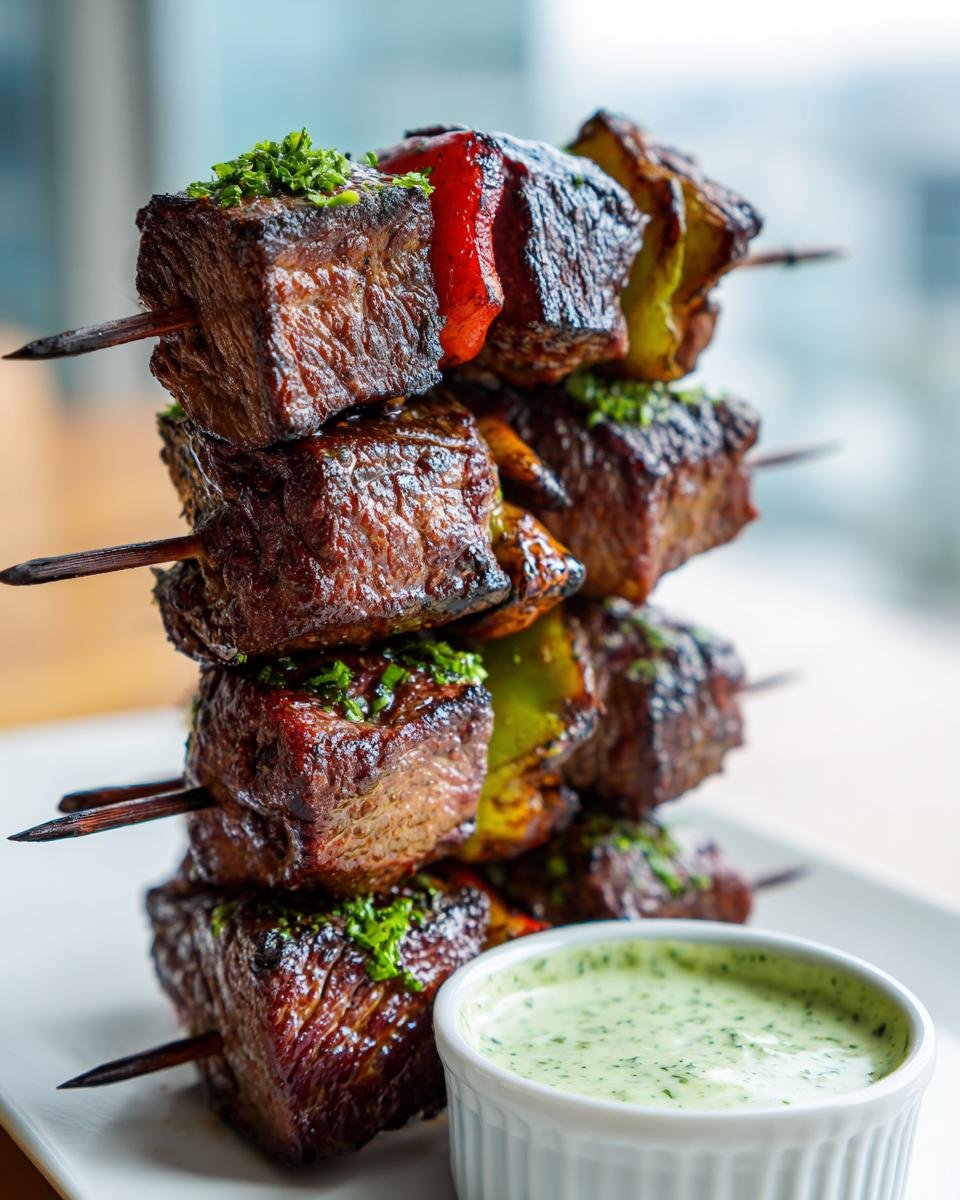 A stack of grilled Steak Mushroom Kabobs garnished with parsley, served next to a small bowl of mint yogurt dip.