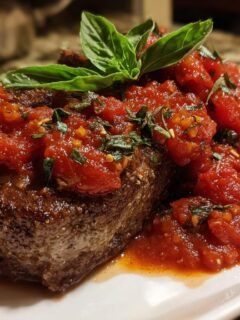 A close-up of a thick, seared Steak Pizzaiola topped with chunky tomato sauce and fresh basil leaves.