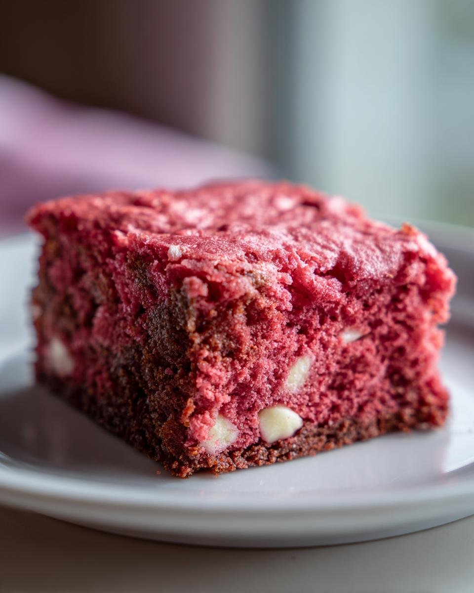 A close-up of a rich, red square of Strawberry Brownies Cake Mix featuring visible white chocolate chips.