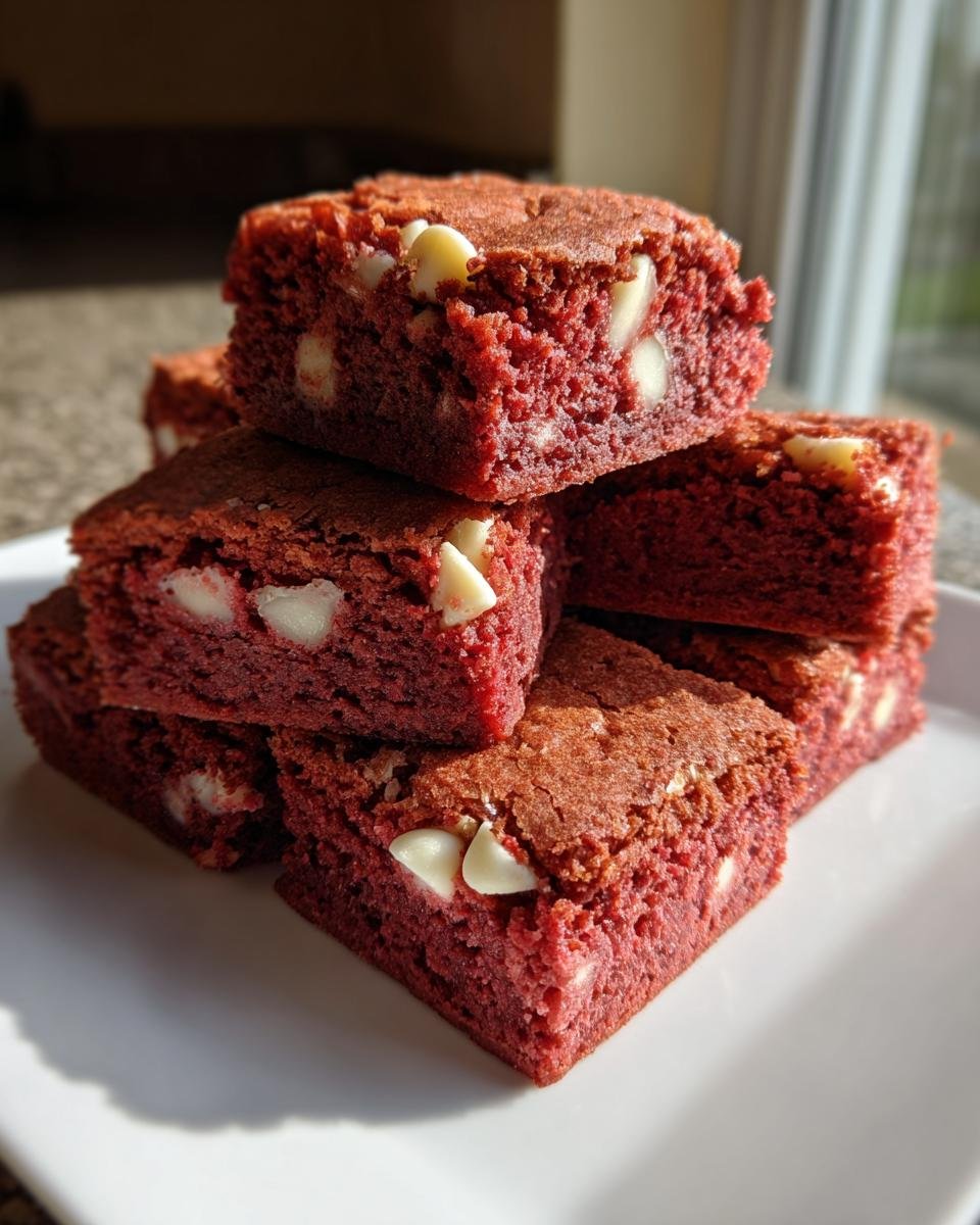 A stack of rich red velvet Strawberry Brownies Cake Mix squares studded with white chocolate chips on a white plate.