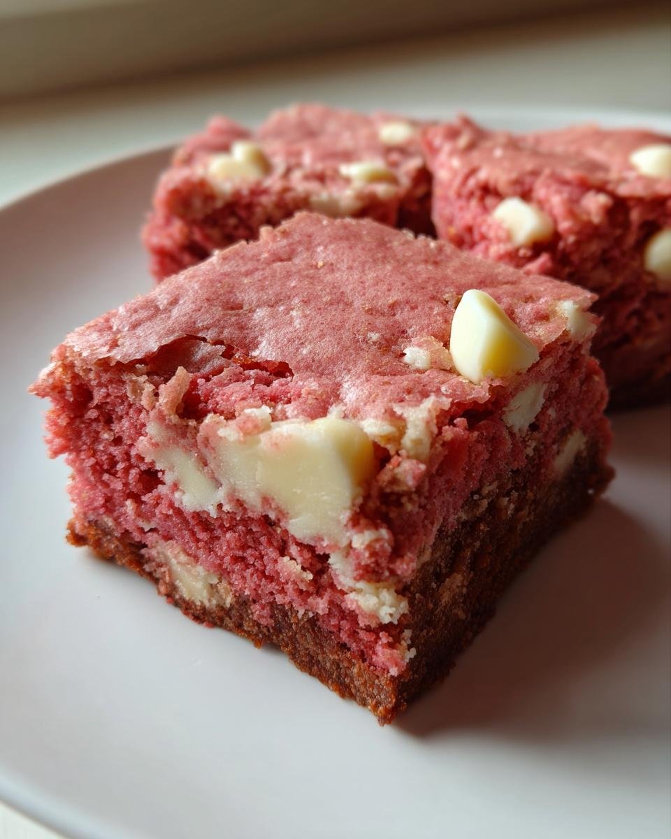 A close-up of a square Strawberry Brownies Cake Mix bar featuring a bright pink top layer and white chocolate chips.