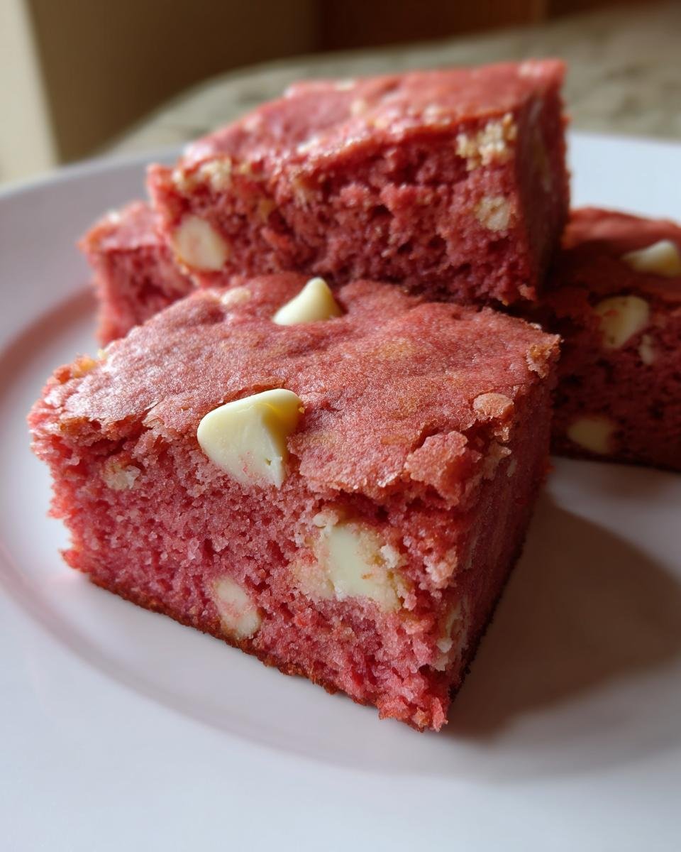 Close-up of moist, pink Strawberry Brownies Cake Mix squares studded with white chocolate chips on a white plate.