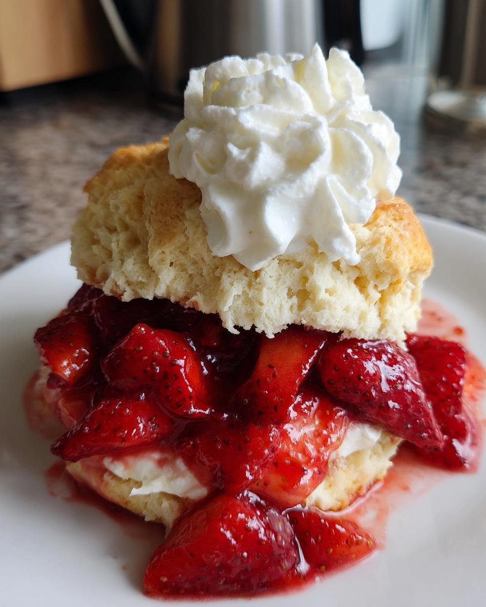 Close-up of a delicious strawberry shortcake with macerated strawberries and whipped cream.