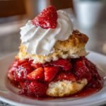 Close-up of a delicious strawberry shortcake with macerated strawberries, biscuit, and whipped cream, perfect for strawberry recipes.