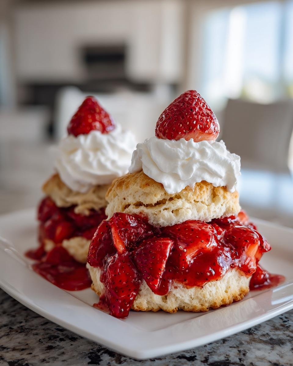 Two servings of strawberry shortcake with macerated strawberries, whipped cream, and a whole strawberry on top.