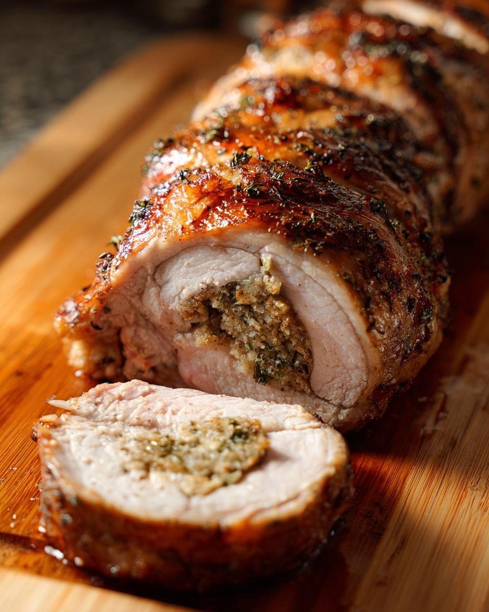 Close-up of a beautifully roasted and sliced Stuffed Pork Loin showing the savory herb stuffing inside.