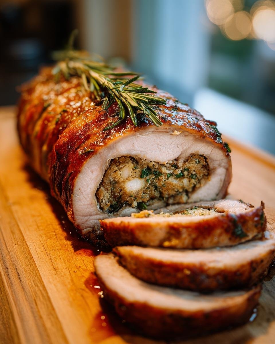 A beautifully roasted and sliced Stuffed Pork Loin, wrapped in bacon and topped with fresh rosemary.