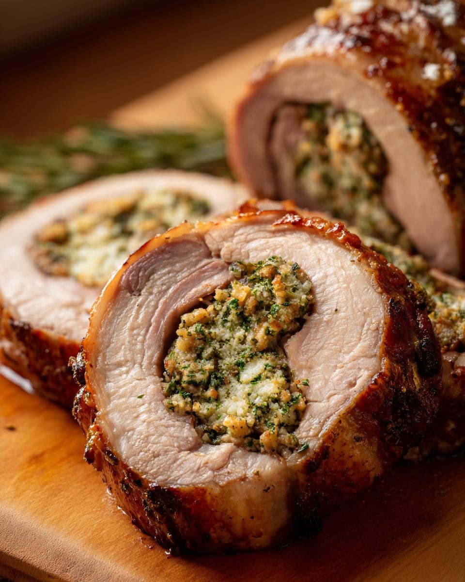 A close-up view of thick slices of Stuffed Pork Loin, showing the savory herb and breadcrumb filling inside the rolled meat.