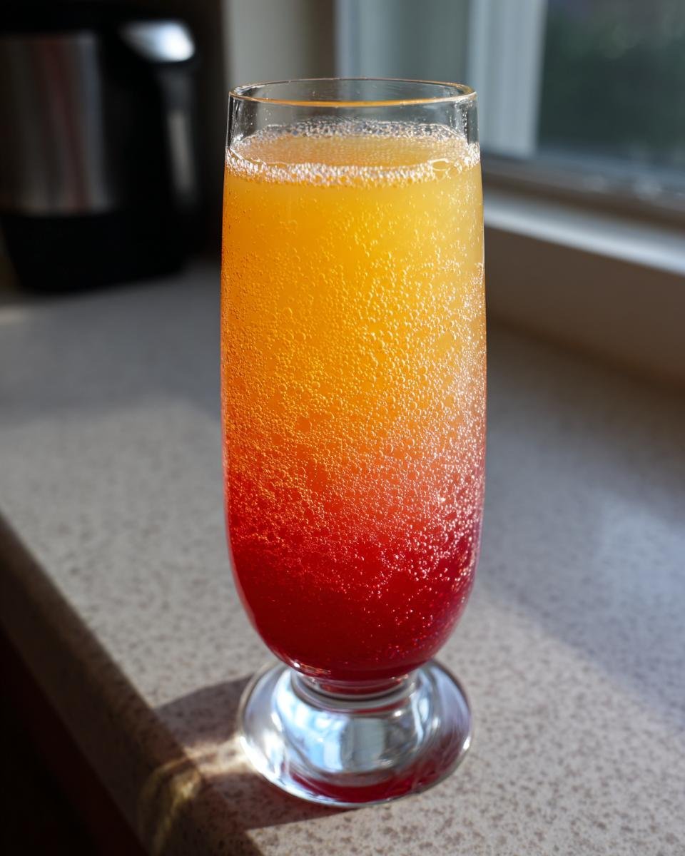 A tall glass showcasing a layered Sunrise Mimosa with red, orange, and yellow hues, full of bubbles.