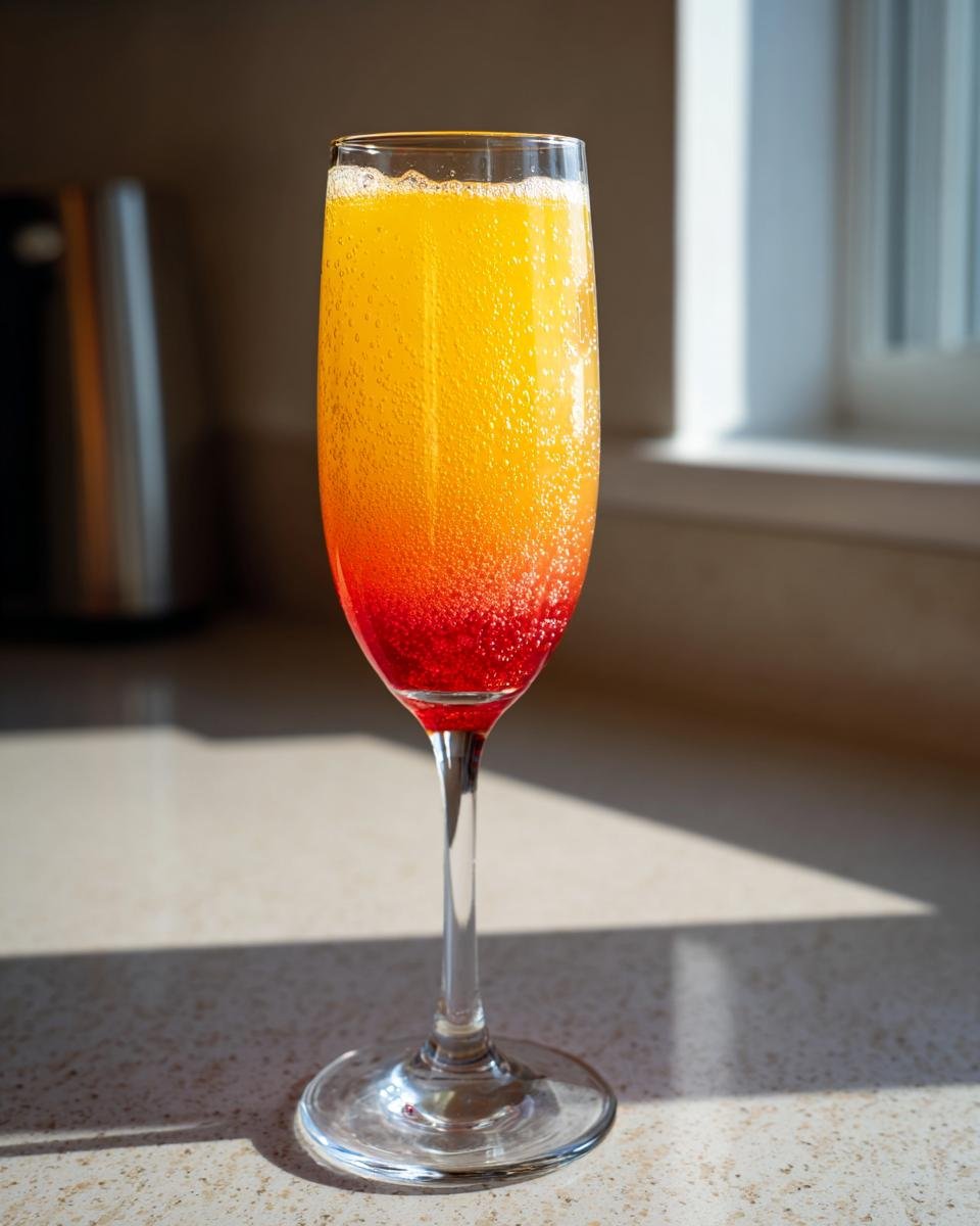 A tall glass showing a layered Sunrise Mimosa with red syrup at the bottom blending into bright orange and yellow.