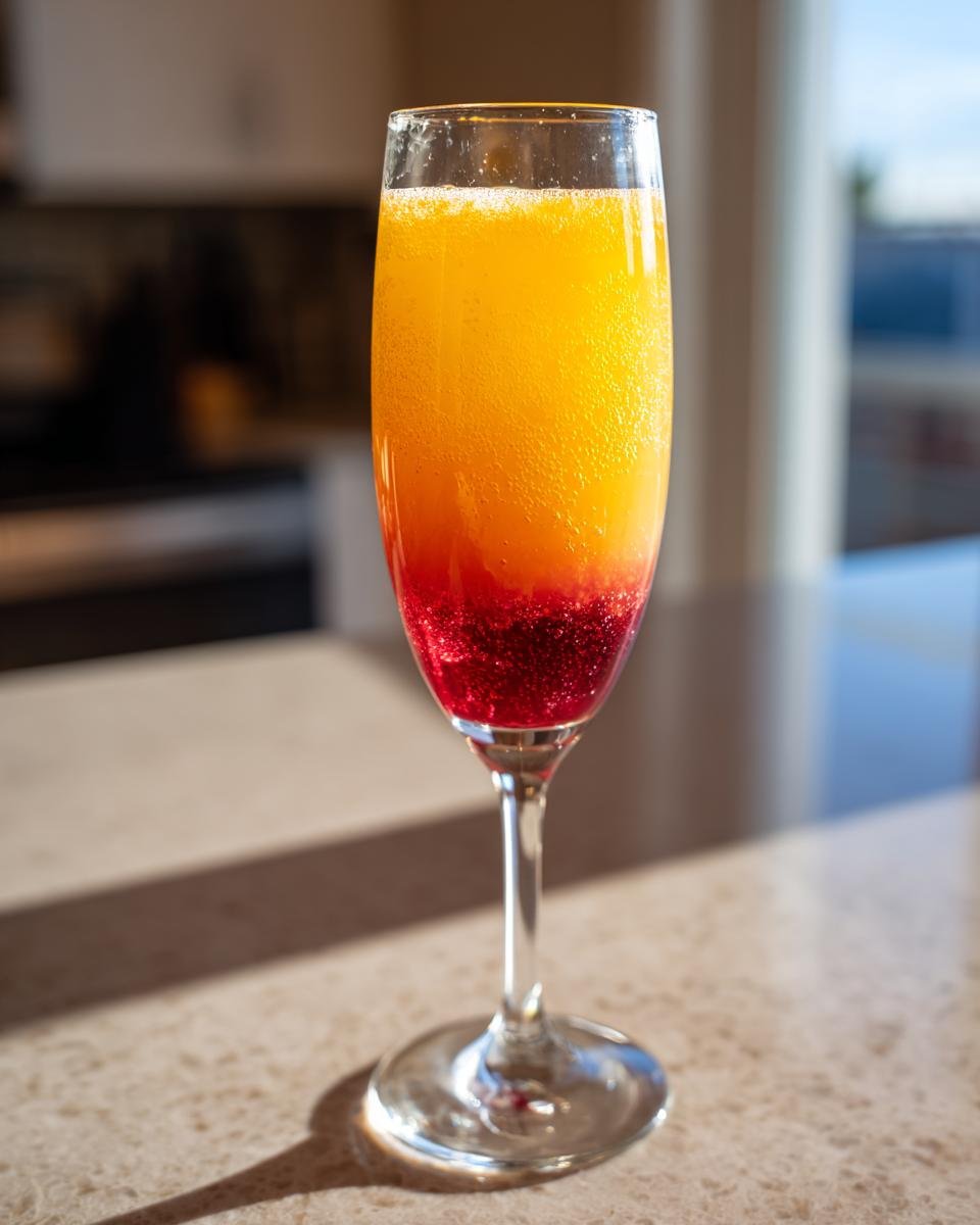 A tall flute glass holding a layered Sunrise Mimosa with a bright red bottom layer and a bubbly orange-yellow top layer.