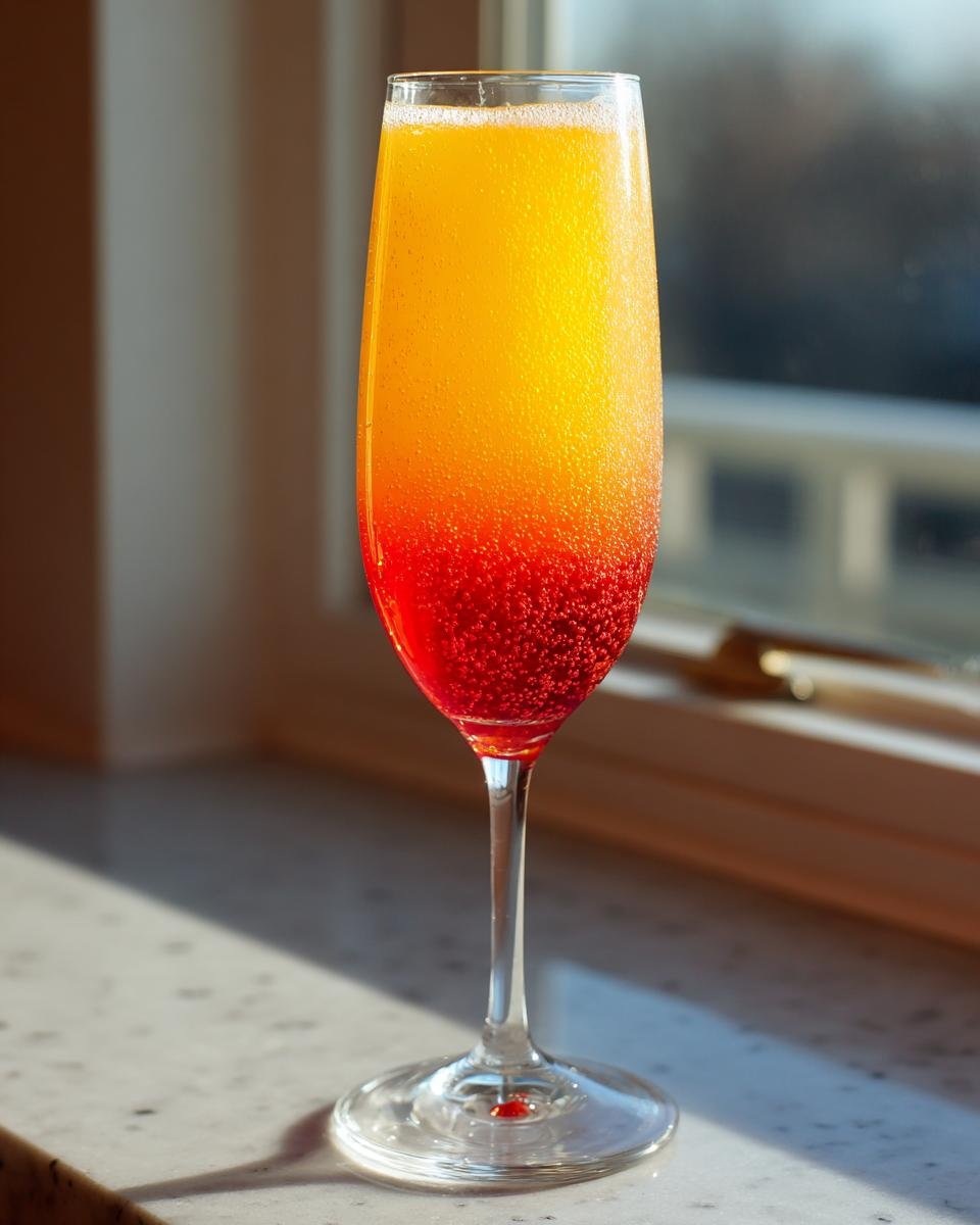A tall flute glass showcasing a layered Sunrise Mimosa with a bright red bottom layer blending into orange and yellow.