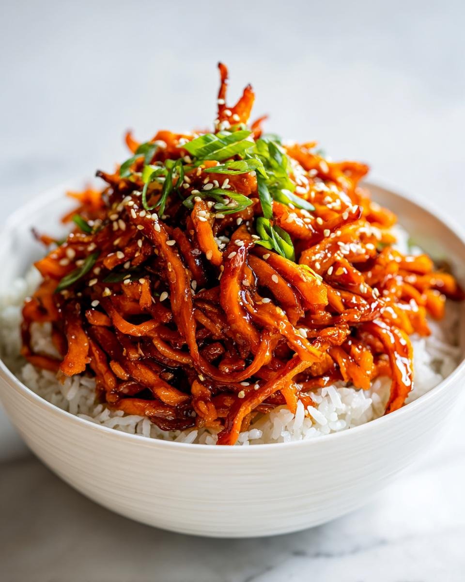 Close-up of Sweet Potato Rice Teriyaki Bowls featuring shredded teriyaki sweet potatoes over white rice, topped with sesame seeds and green onions.