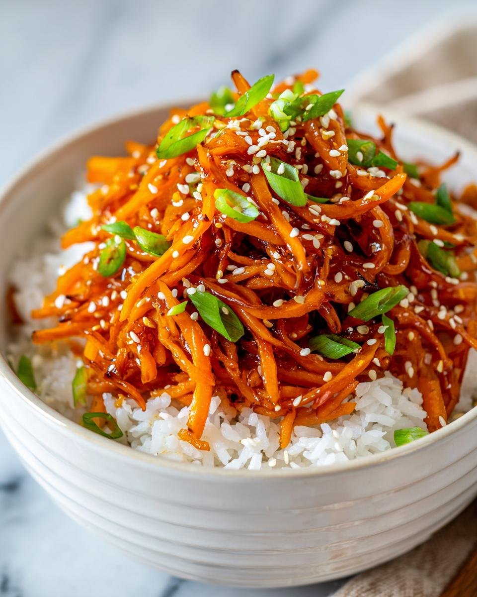 Close-up of Sweet Potato Rice Teriyaki Bowls featuring spiralized sweet potatoes coated in teriyaki sauce over white rice.