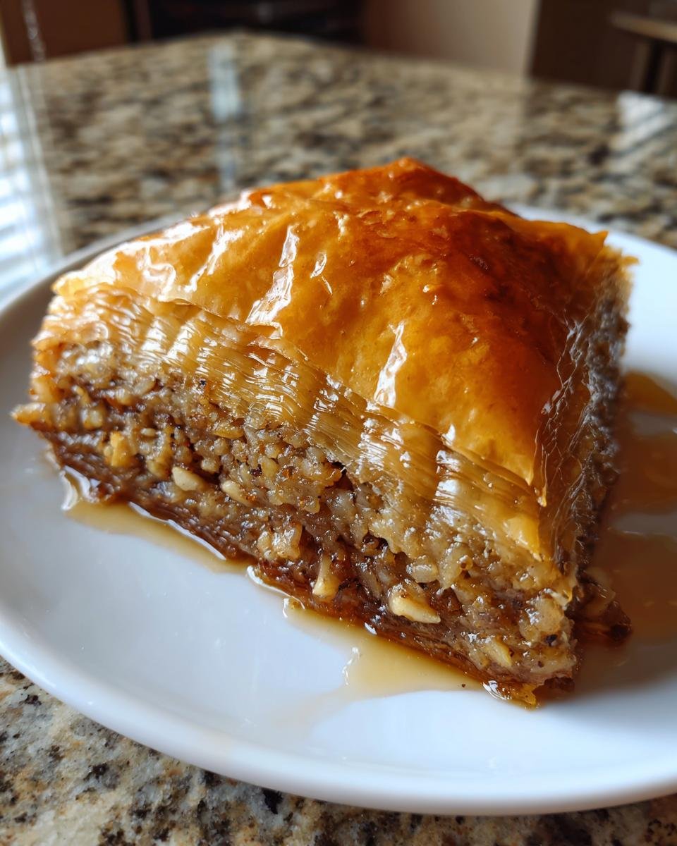A single, glistening piece of Coconut Baklava sits on a white plate, dripping with sweet syrup.