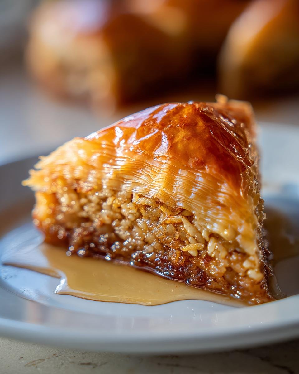 A close-up, glistening piece of Coconut Baklava, soaked in syrup, resting on a white plate.