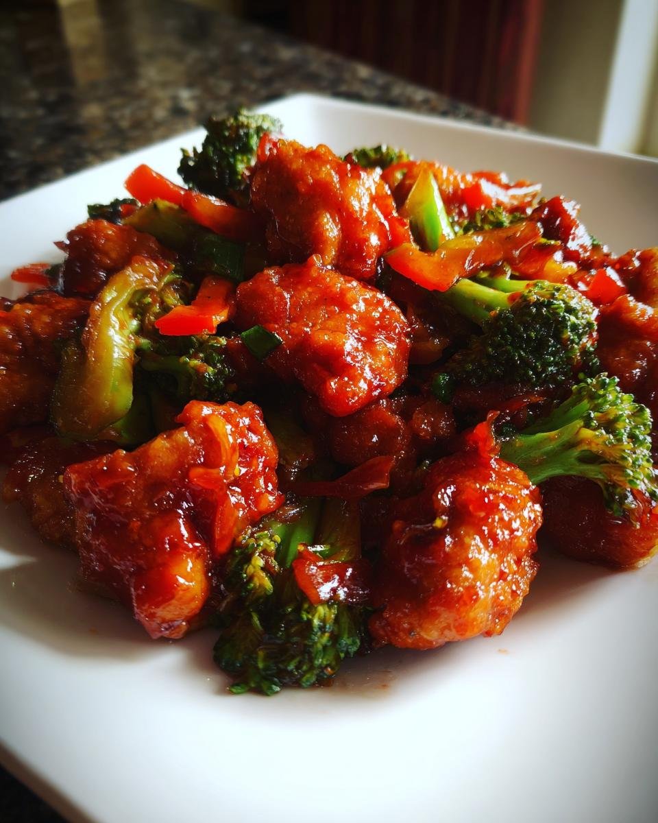 Close-up of glossy, saucy Szechuan Chicken pieces mixed with bright green broccoli florets and red bell peppers.