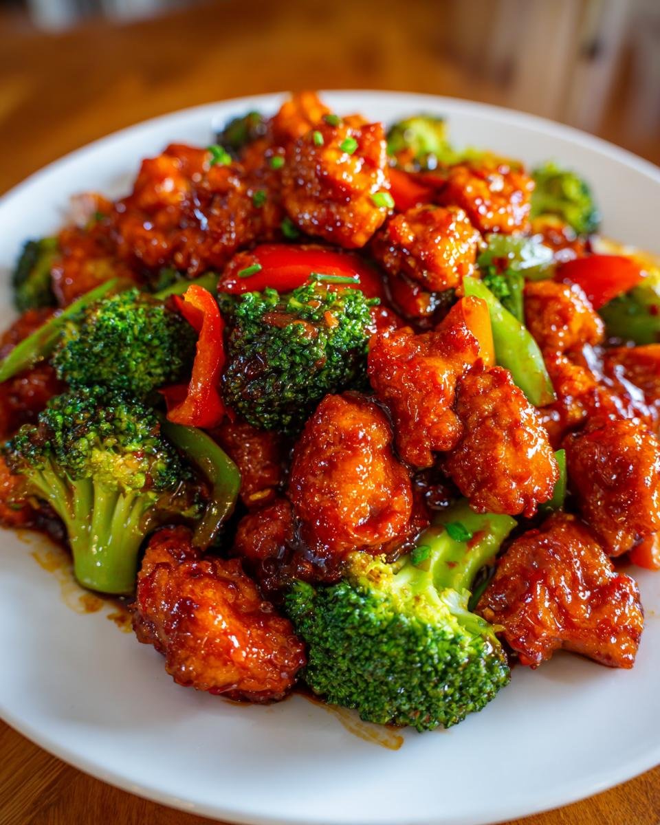 Close-up of crispy, glazed Szechuan Chicken pieces mixed with bright green broccoli florets and red peppers.