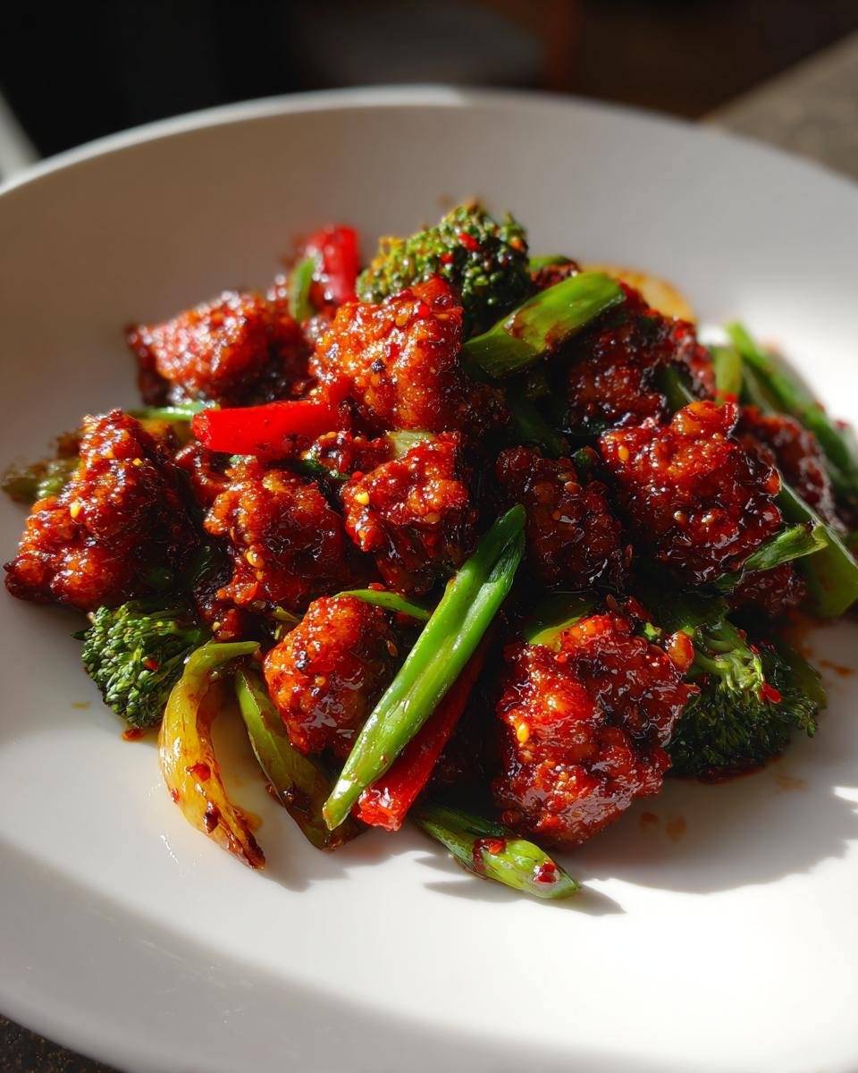 Close-up of crispy, glazed Szechuan Chicken pieces tossed with bright green broccoli and peppers.