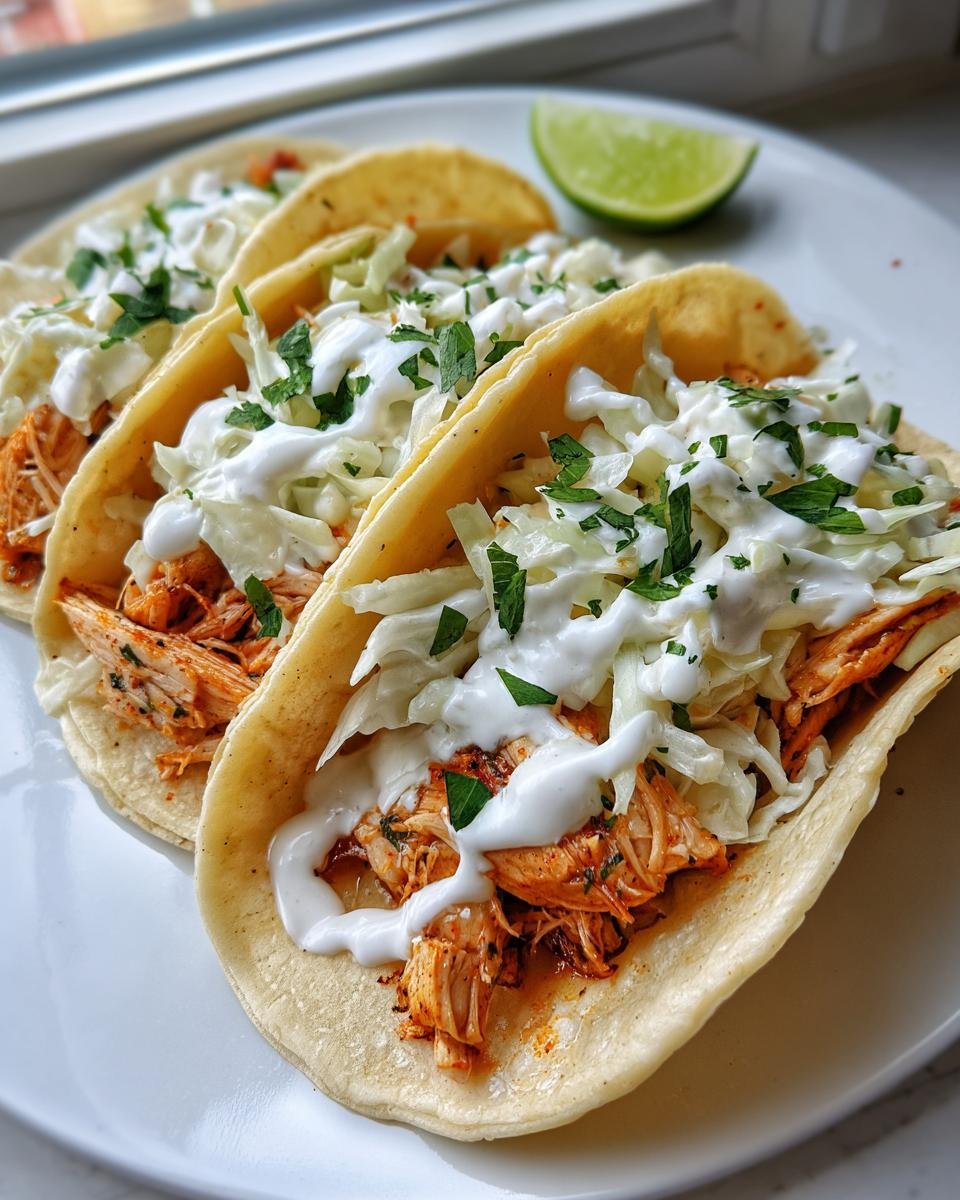 Three soft shell Mahi Mahi Fish Tacos topped with creamy slaw, white sauce, and cilantro, served with a lime wedge.