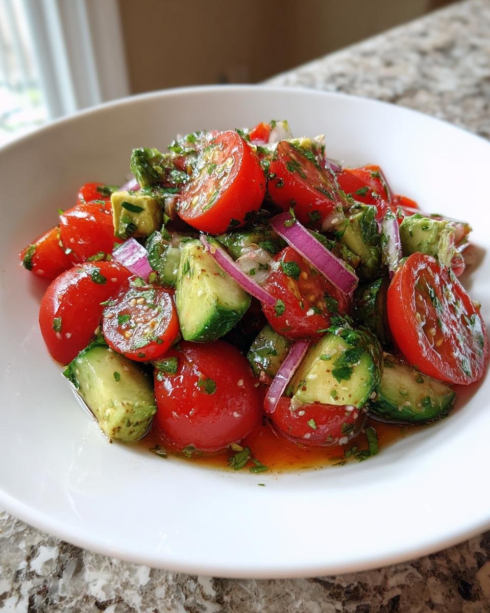 Close-up of a vibrant Tomato Cucumber Avocado Salad with red onion slices and herbs in a white bowl.