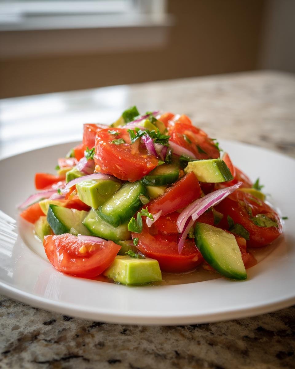 Close-up of a vibrant Tomato Cucumber Avocado Salad featuring chunks of red tomato, green avocado, cucumber, and slivers of red onion.