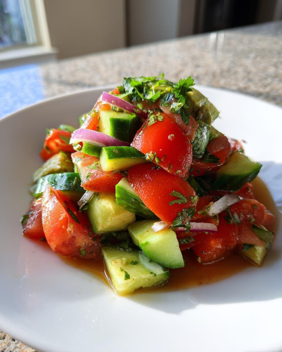 A mound of fresh Tomato Cucumber Avocado Salad featuring chopped tomatoes, cucumbers, red onion, and herbs in a light dressing.