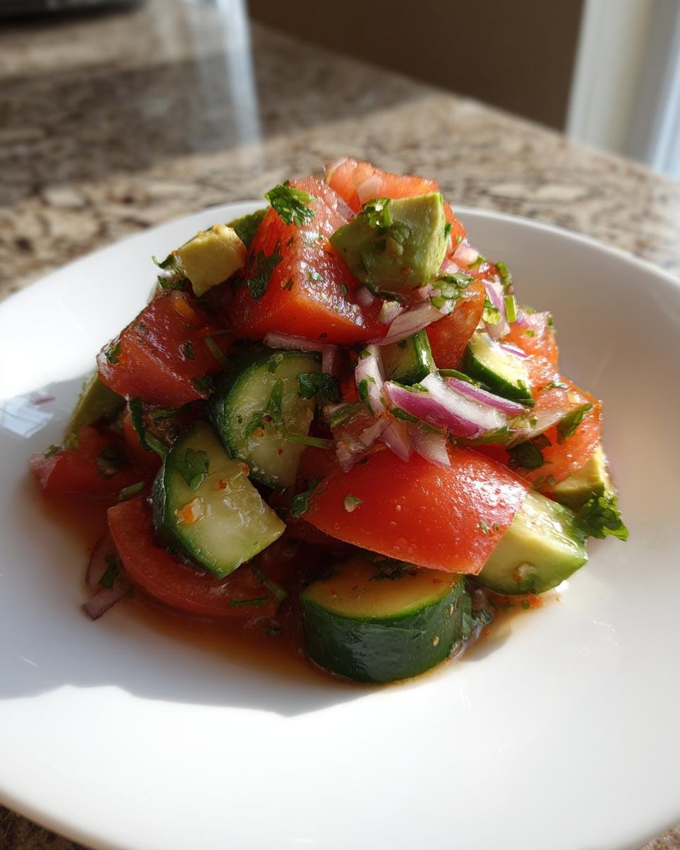 A vibrant serving of Tomato Cucumber Avocado Salad featuring chunks of red tomato, green cucumber, avocado, and red onion.
