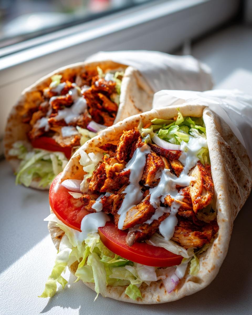 Two freshly prepared Chicken Shawarma wraps filled with spiced chicken, lettuce, tomato, and white sauce, sitting on a windowsill.