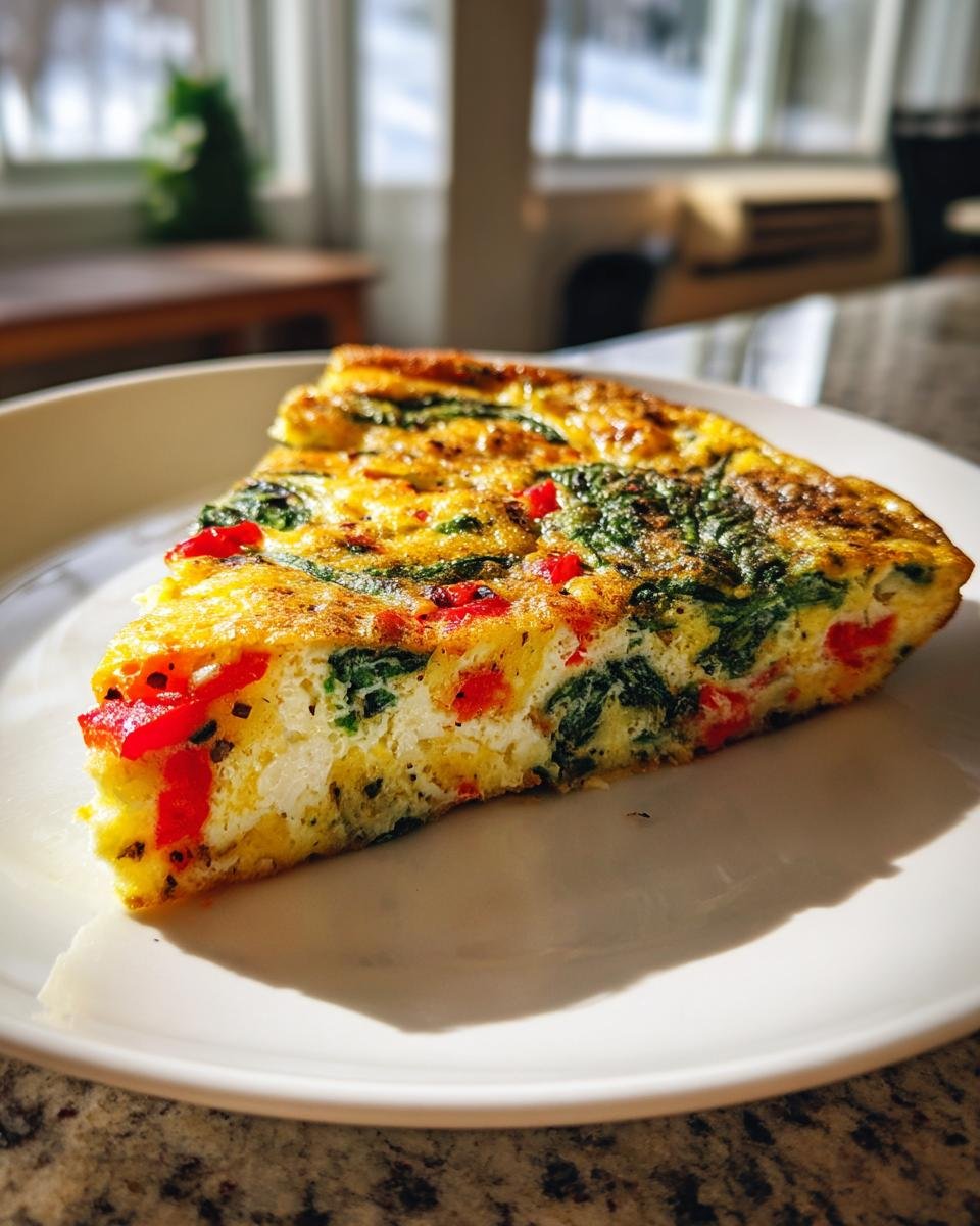 A close-up slice of colorful Egg White Frittata with spinach and red peppers on a white plate.