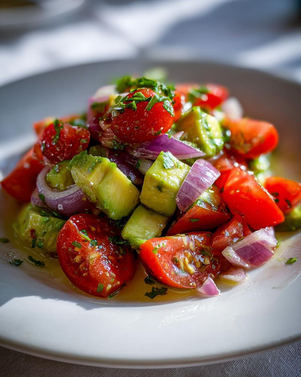 Close-up of a fresh Avocado Salad featuring diced avocado, bright red tomatoes, and sliced red onion, dressed lightly.