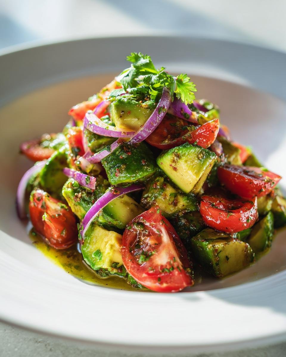 Close-up of a vibrant Avocado Salad featuring cubed avocado, halved cherry tomatoes, and sliced red onion, dressed in vinaigrette.