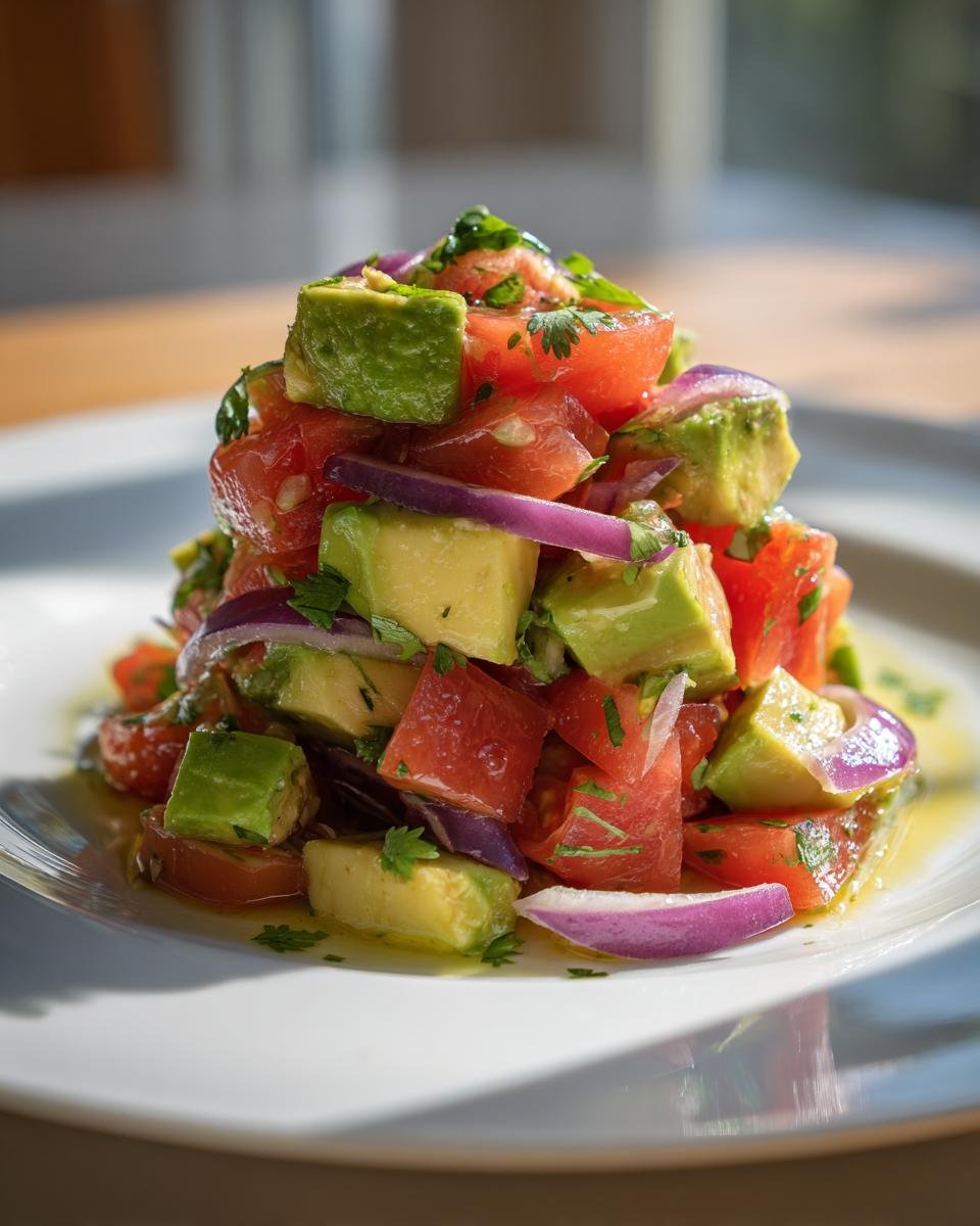 Close-up of a fresh, vibrant Avocado Salad featuring diced avocado, bright red tomatoes, and slivers of red onion, drizzled with dressing.