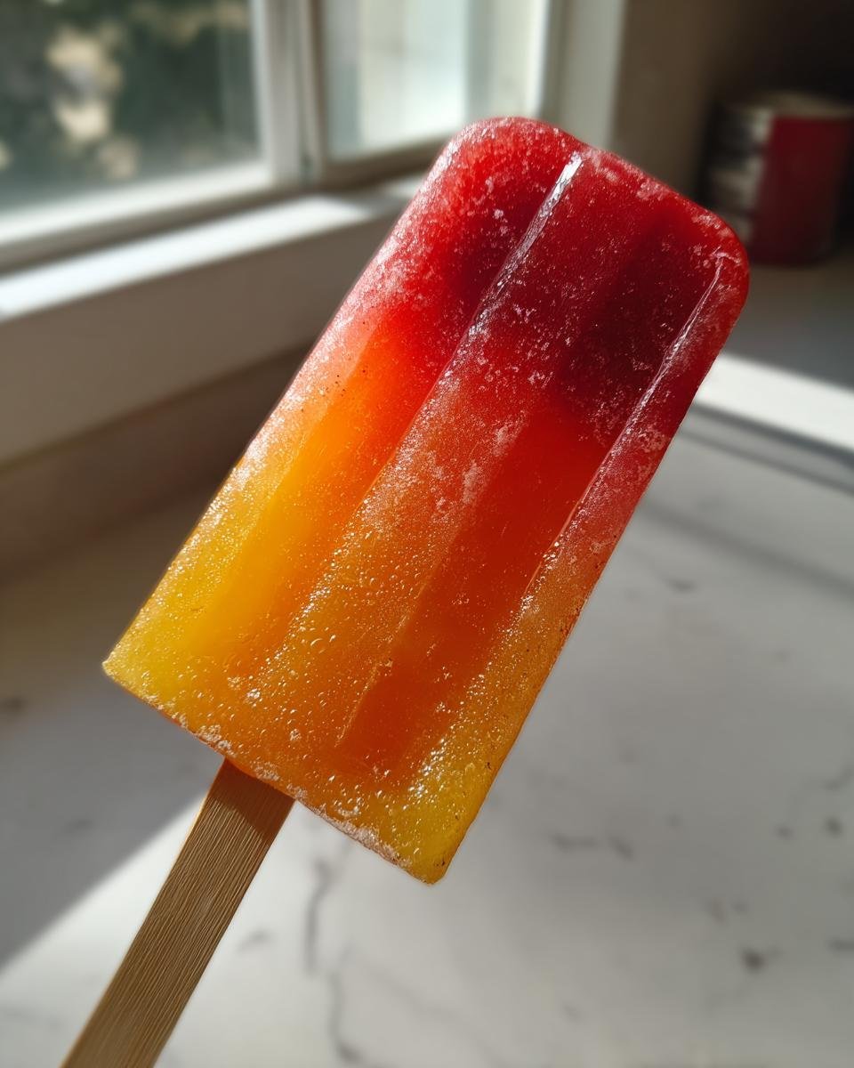 Close-up of a colorful, layered Bahama Mama Ice Pops with red, orange, and yellow hues, held by a wooden stick.