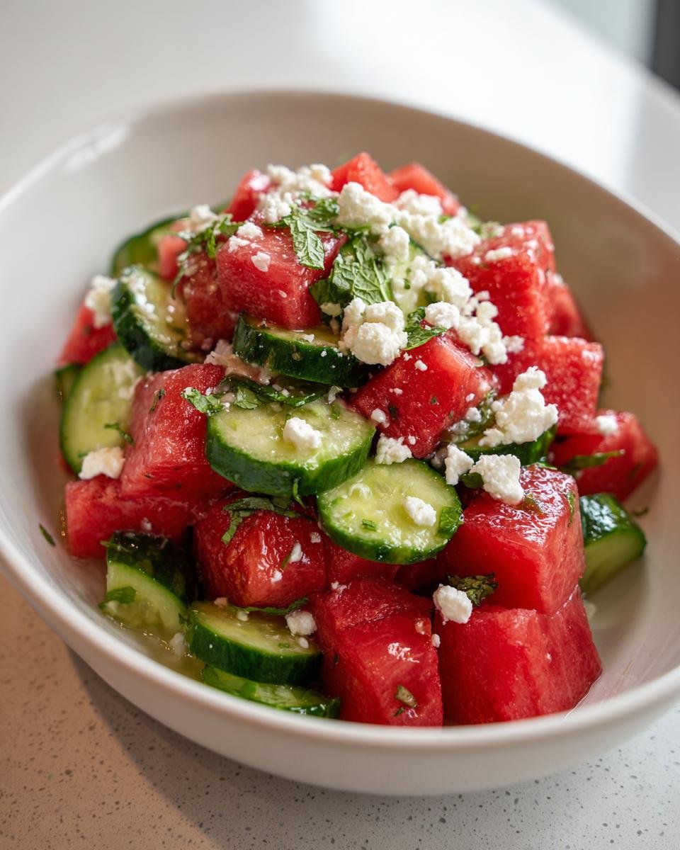 Close-up of a vibrant Watermelon Cucumber Salad With Goat Cheese, topped with mint.