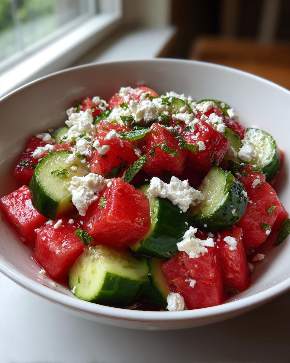 Close-up of vibrant Watermelon Cucumber Salad With Goat Cheese cubes and mint in a white bowl.