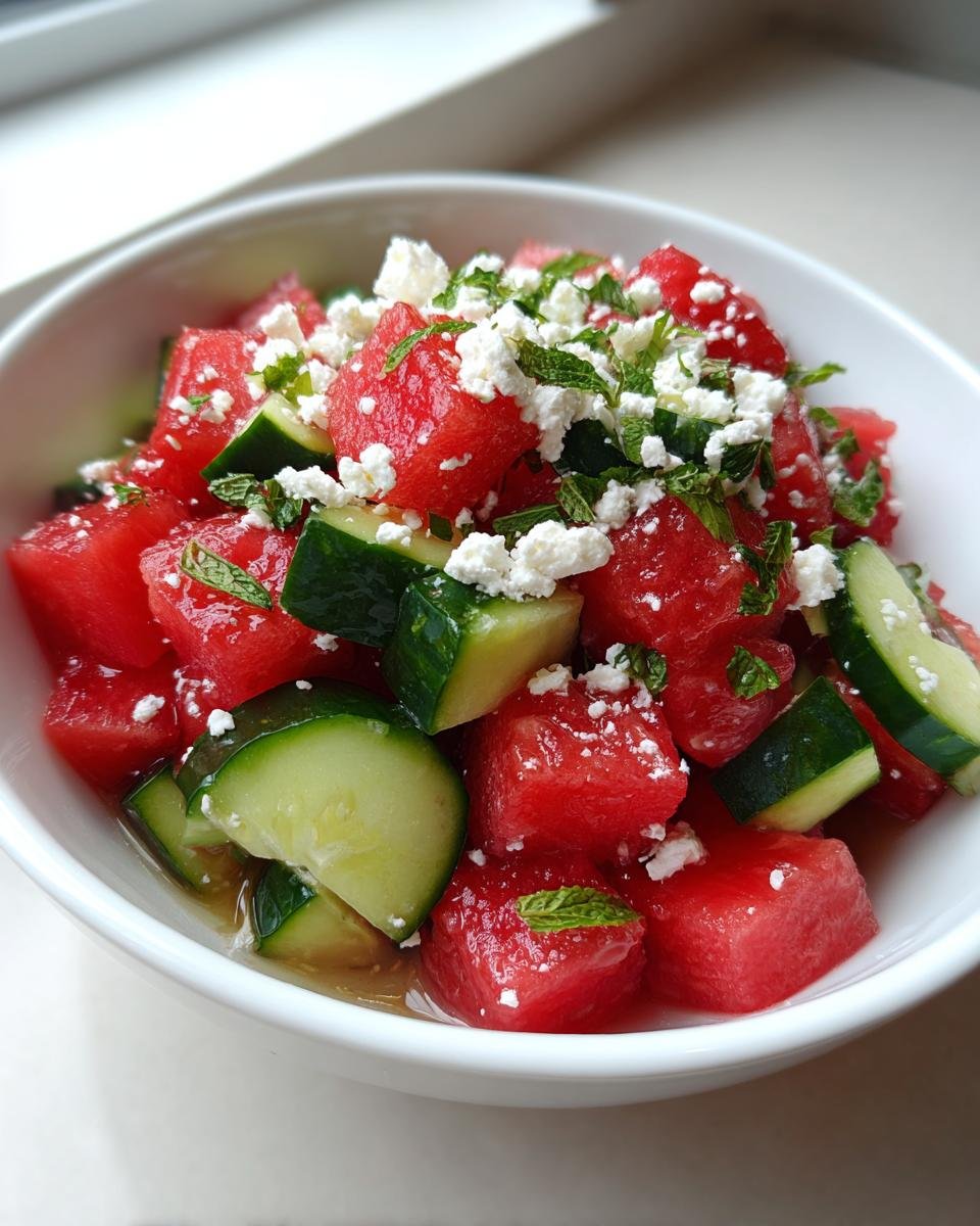 Close-up of a vibrant Watermelon Cucumber Salad With Goat Cheese and fresh mint in a white bowl.