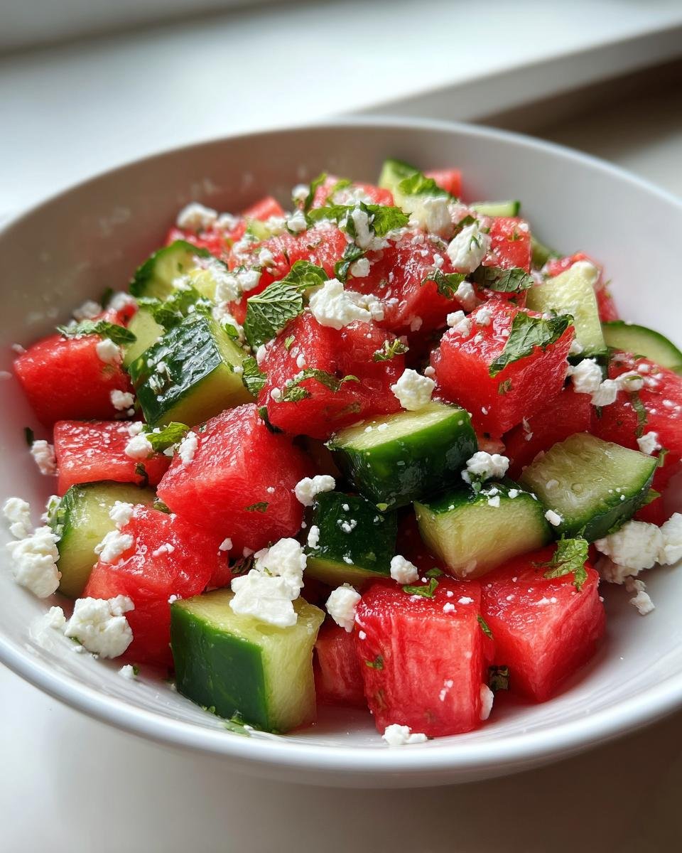 Close-up of a vibrant Watermelon Cucumber Salad With Goat Cheese, topped with fresh mint.