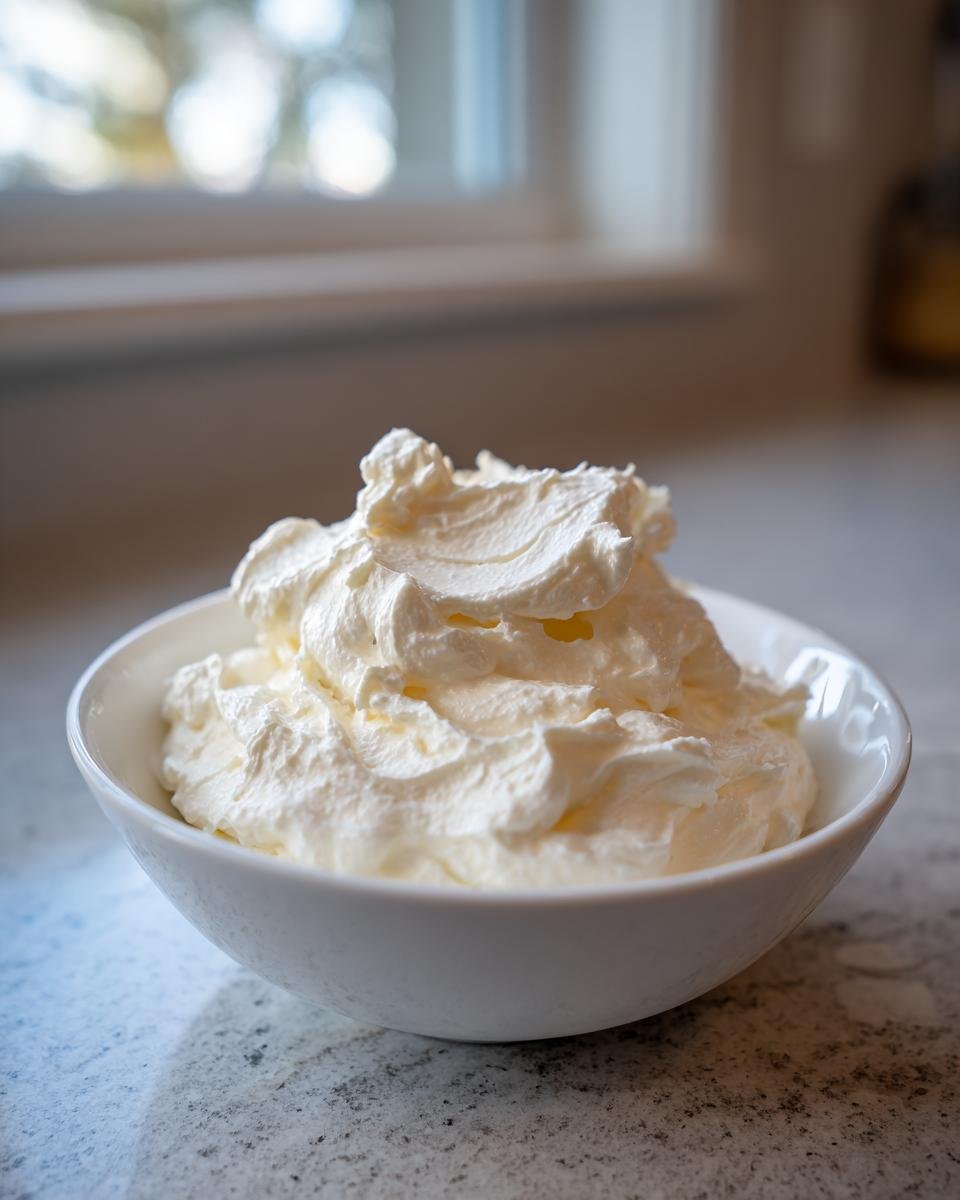 A white bowl filled with freshly whipped cream, perfect for fruit dip recipes, sitting on a granite countertop.