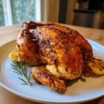 A beautifully browned Whole Roasted Chicken served on a white platter with lemon wedges and fresh rosemary.