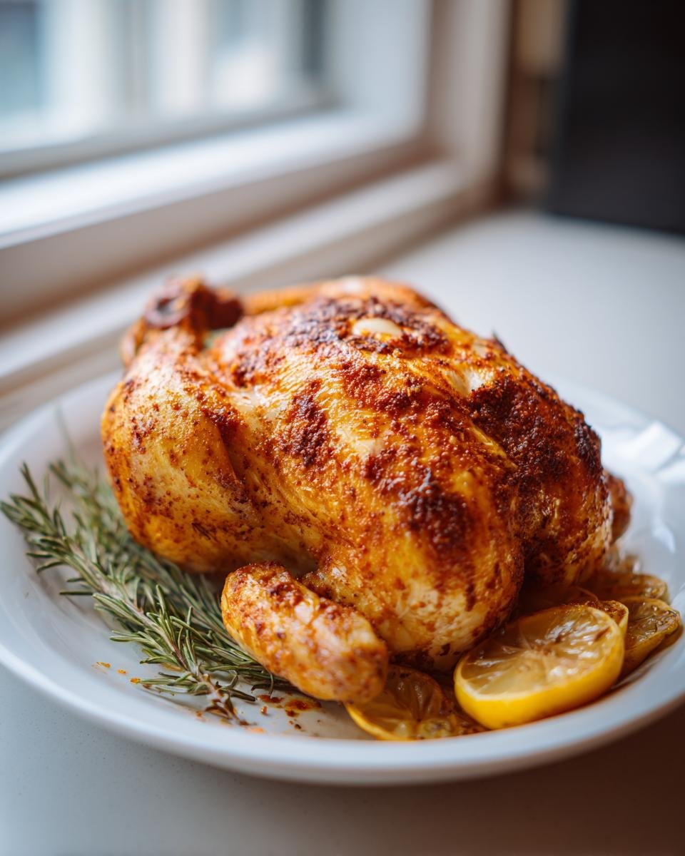 A beautifully browned Whole Roasted Chicken served on a white plate with lemon slices and fresh rosemary sprigs.