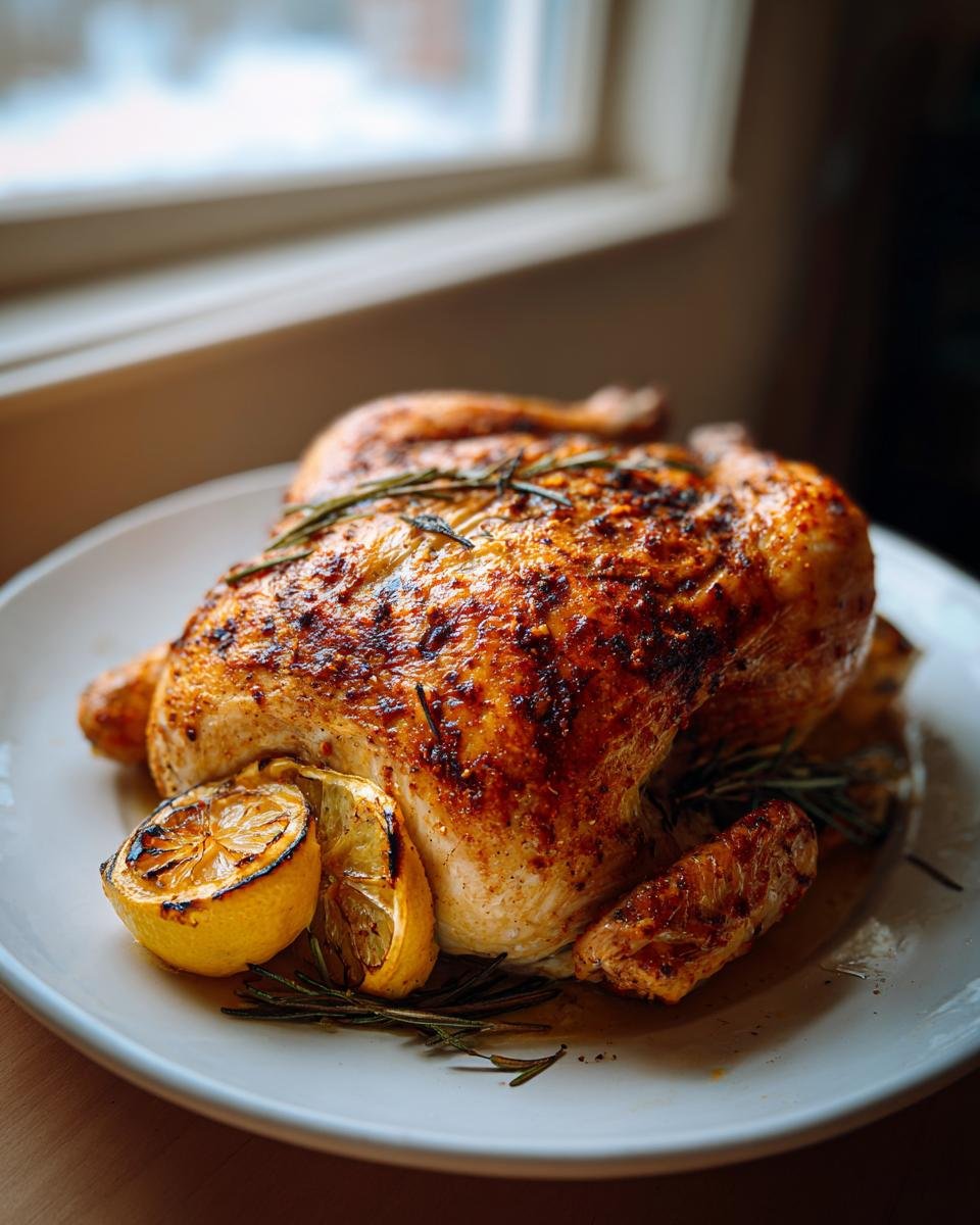 A perfectly cooked Whole Roasted Chicken with golden, crispy skin, garnished with charred lemon halves and fresh rosemary.