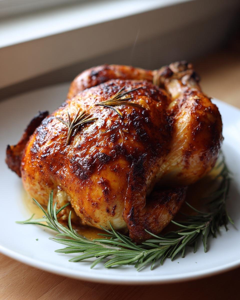 A glistening, golden-brown Whole Roasted Chicken garnished with fresh rosemary sprigs on a white plate.