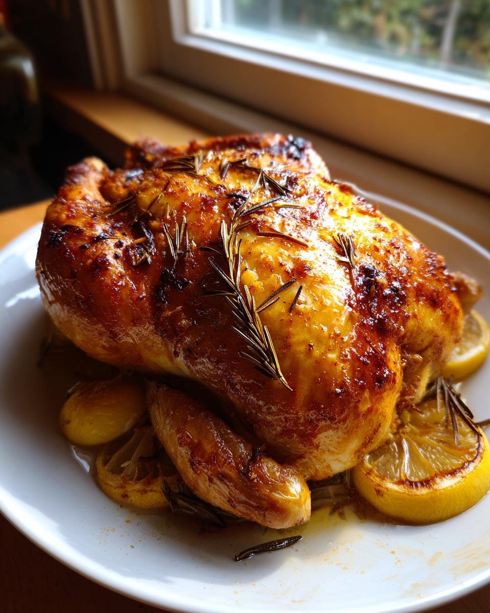 A beautifully browned Whole Roasted Chicken garnished with fresh rosemary sprigs and lemon slices on a white plate.