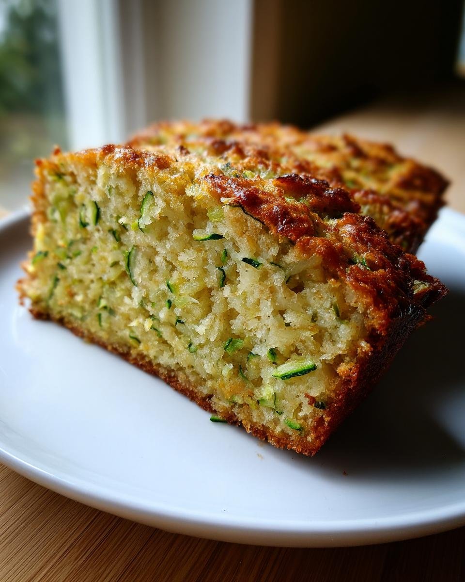 Close-up of a moist slice of Zucchini Bread With Apples showing shredded zucchini texture and golden crust.
