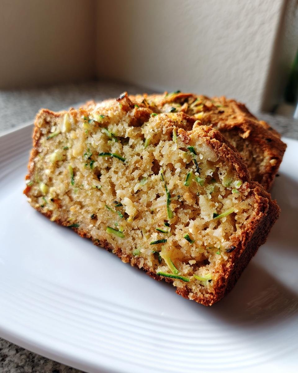 Close-up of two thick slices of moist Zucchini Bread With Apples on a white plate.