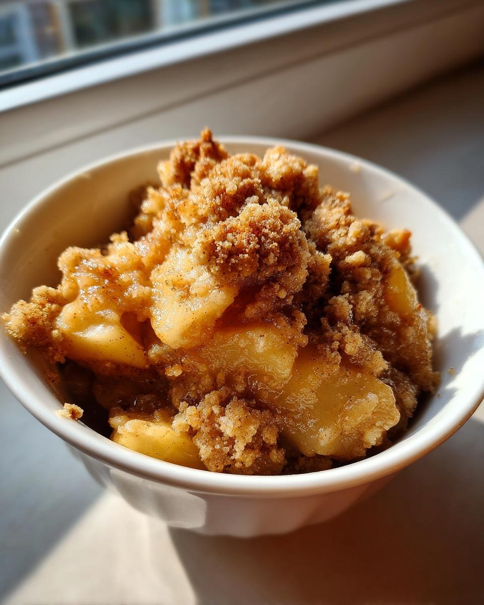 Close-up of a warm Apple Crumble dessert in a white bowl, featuring spiced apple filling and brown sugar topping.