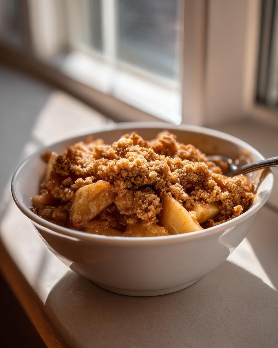 Close-up of a bowl of warm Apple Crumble dessert with chunky apples and streusel topping, backlit by a window.