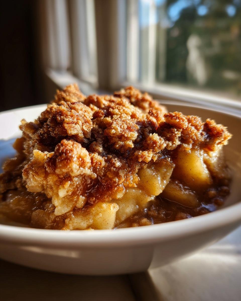 Close-up of a warm serving of Apple Crumble in a white bowl, highlighting the crunchy topping. One of the best Desserts That Start With A.